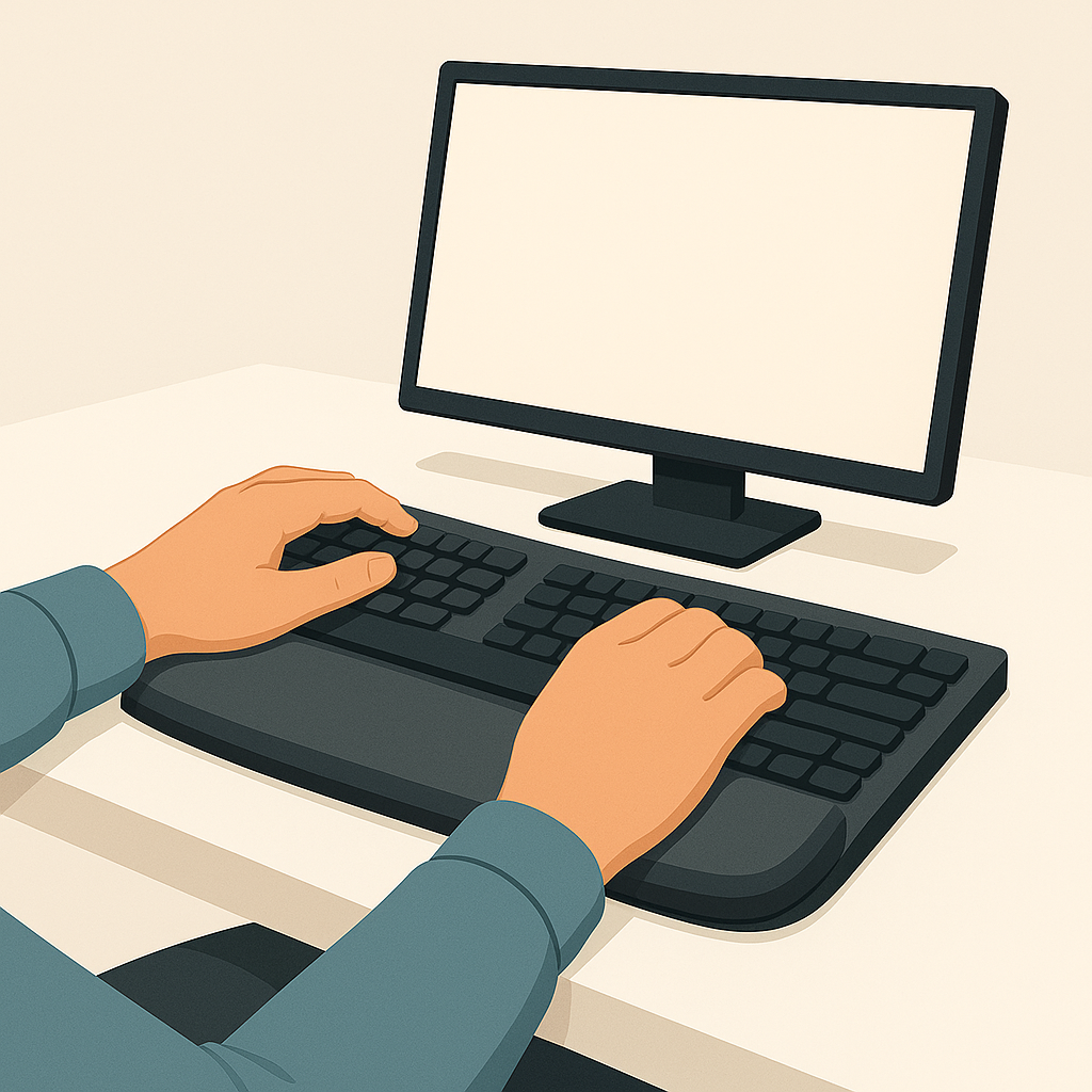 Arthritis-friendly ergonomic workstation setup featuring cushioned ergonomic keyboard and standard height-adjusted monitor, improved wrist comfort and reduced joint strain during prolonged typing.