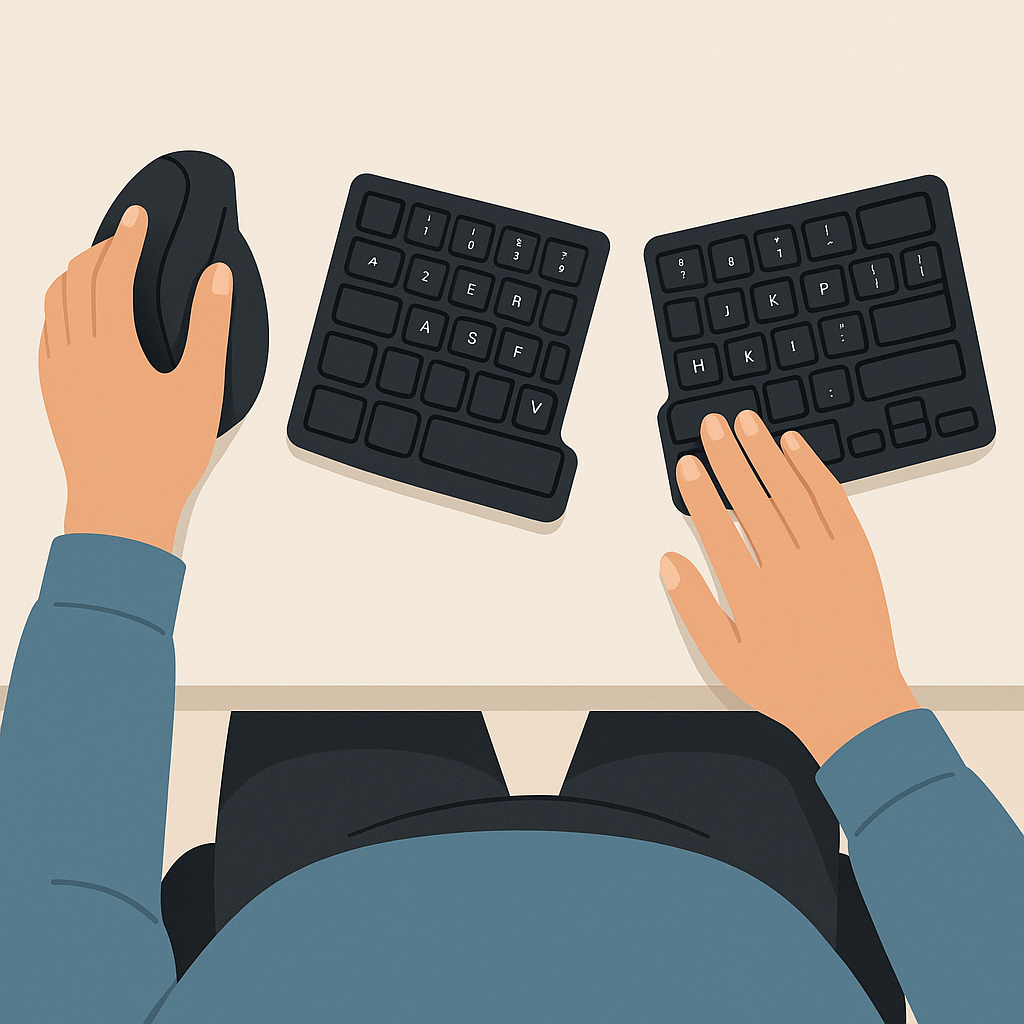 Home office ergonomic workspace featuring vertical mouse and split keyboard for carpal tunnel relief, promoting proper wrist alignment and reducing repetitive strain injury (RSI) risks.