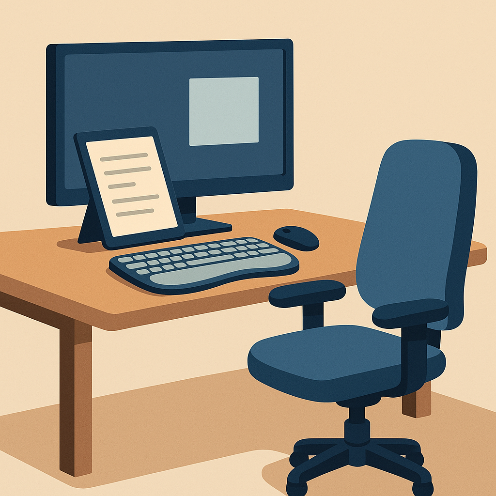 Flat-style illustration showing ergonomic home office setup for preventing back and neck pain, featuring adjustable chair and neutral posture.